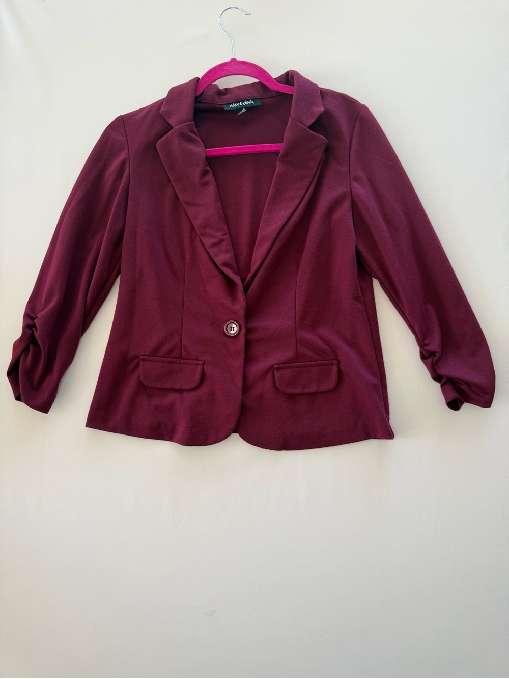 Alex & Olivia Burgundy Ruched Sleeve Blazer Jacket Women’s Medium Stretch